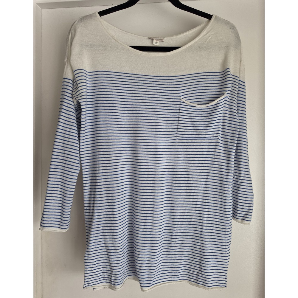 Gap Women Striped Sweater S White Blue 3/4 Sleeve Round Neck Coastal Knit
